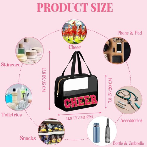 JOJOPOLLO Chenille Pink Letter Cheer Bag Cheerleader Gifts for Team Women Girls Cheer Stuff Accessories Makeup Bag with Handle and Zipper, Cheer Gifts