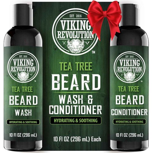 Viking Revolution Tea Tree Oil Beard Wash and Beard Conditioner For Men - Natural Beard Softener Set with Argan Oil, Vitamin E and Ginseng - Tea Tree Beard Shampoo and Conditioner Set (10 Oz)