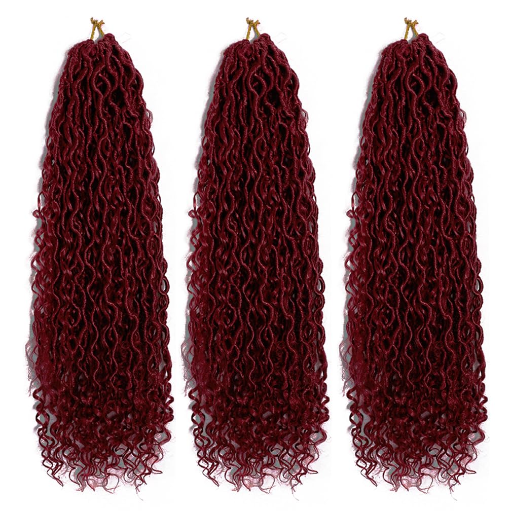 BALINGHAIR Goddess Locs Crochet Hair Burgundy 18 Inch 3 Packs Bohemian Faux Locs Crochet Hair With Curly Ends Pre Looped Hair Extensions 16 Roots/Pack(Bug)