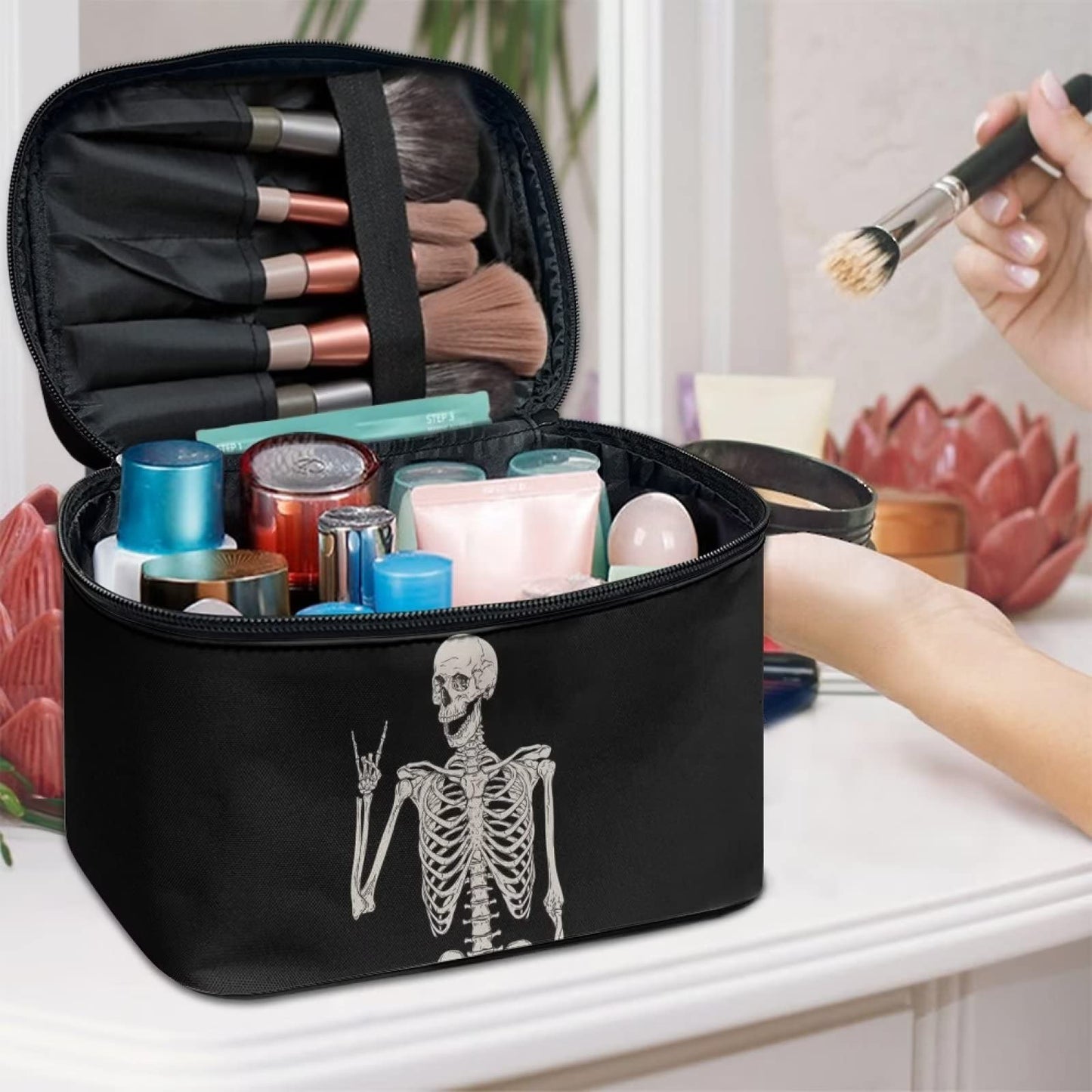 Biyejit Funny Skull Skeleton Makeup Bag Large Travel Cosmetic Bag Zipper Cosmetic Pouch Protable Toiletry Bag Travel Accessories