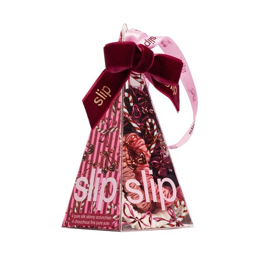 slip Skinny Scrunchies in Candy Cane Ornament Packaging: Anti-Crease, Anti-Breakage Slipsilk™ Design Protects Delicate Hair | Includes 4 Pure Silk Scrunchies