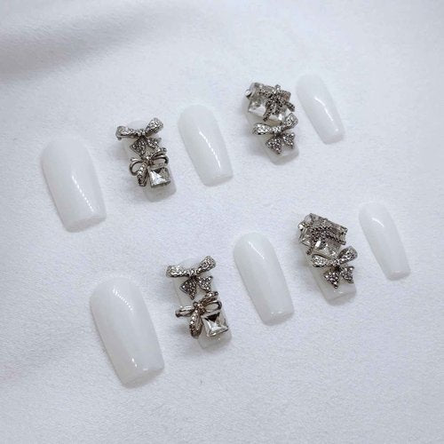Handmade Square Press on Nails,Ivory White Press Ons,Nails with Crystal Bow Design, 3D Jeweled Decorative Nails for women,m