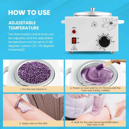 600ml Professional Single Pot Wax Warmer, Electric Depilatory Heater Machine with Adjustable Temperature for Hair Removal & Facial Spa, Includes 50 Wax Sticks & 20 Collars