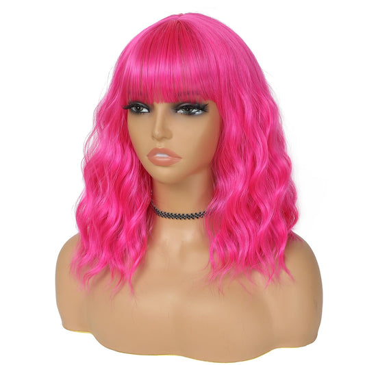 BEAUTIFA Pink Wig with Bangs for Women 14 Inch Shoulder Length Hot Pink Wigs Short Bob Wavy Curly Wig Heat Resistant Synthetic Colorful Wig