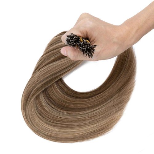 TESS Nano Bead Human Hair Extensions, Nano Ring Hairpieces Nano Tip Hair Extensions Pre-Bonded Seamless Look 50pcs/pack, 18 inch, #4RP27R Chocolate Brown Mixed Light Brown