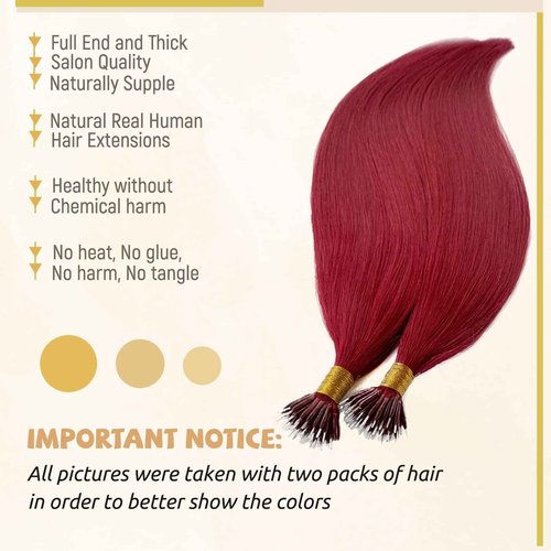 #99J Nano Tip Hair Extensions Human Hair for Women,Burgundy Nano Ring Hair Extensions 18 Inch Color #99J Wine Red Hair Extension 100% Natural Human Hair Extensions 50g/50s