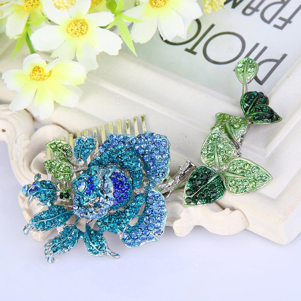 EVER FAITH Silver-Tone Austrian Crystal Enamel Wedding Rose Flower Vine Leaf 5.5 Inch Hair Comb Blue