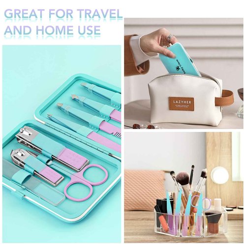 Tweezers Set and Nail Clippers 8Pcs Precision No Gaps Eyebrow Tweezer Kit for Facial Hair Men & Women Travel Tweezers with Leather Case (Violet/Cyan)