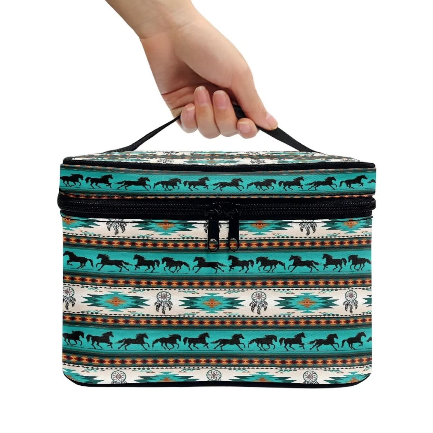 JEOCODY Cosmetic Bag Travel Organizer Southwest Tribal Horse Print Travel Makeup Cosmetic Case Storage Bag Portable Travel Makeup Train Case for Cosmetics Makeup Brushes, Girls, Women, Friends Gifts