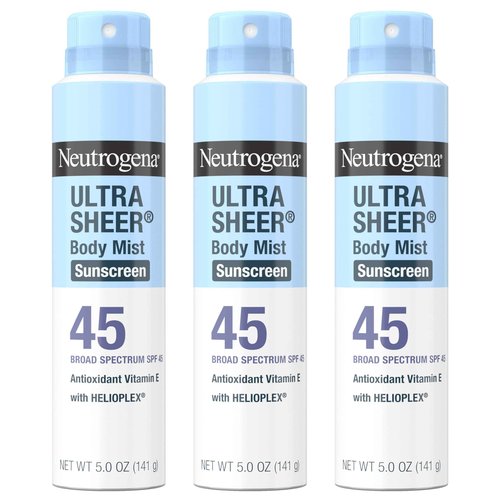 Neutrogena Ultra Sheer Body Mist Sunscreen Spray, Broad Spectrum SPF 45, Lightweight Spray Sunscreen, Non-Greasy & Water Resistant, Oil-Free & Non-Comedogenic UVA/UVB, 5 oz Pack of 3