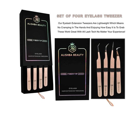 LUMESS Alishba Beauty Eyelash Extension Tweezers, Precision Fiber Tip Grip Japanese Stainless Steel (Set of 4 Eyelash Tweezer) (GLITTER PEACH PINK)