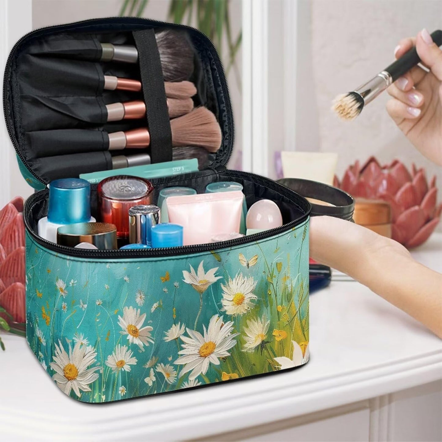 Biyejit Oil Painting Daisy Makeup Bag Cosmetic Bag for Women Cosmetic Portable Travel Makeup Bag Large Travel Toiletry Bag Make Up Bag Brush Bags Reusable Toiletry Bag