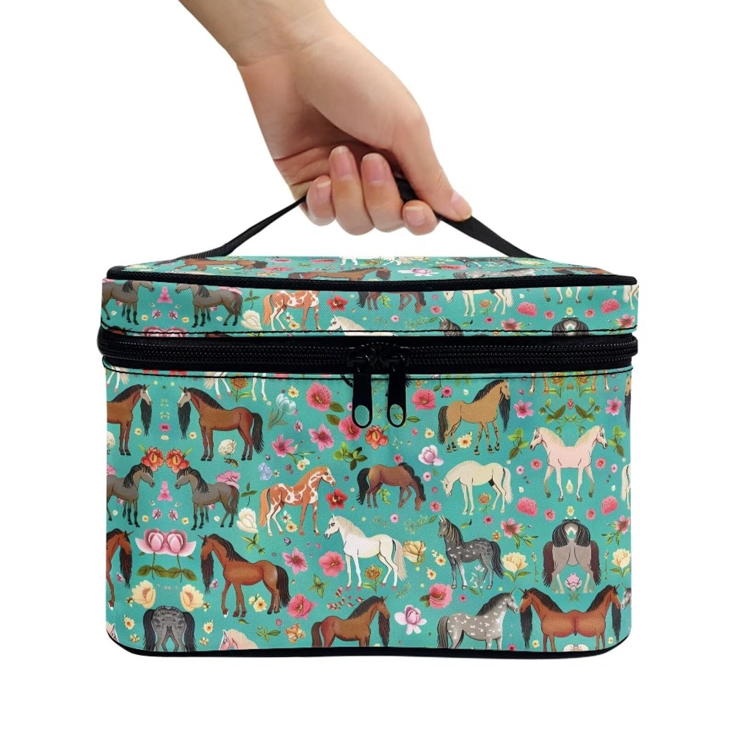 Flashideas Green Shredded Horse Cosmetic Pouch Cosmetic Organizer Storage Case Makeup Organizer Bag for Travel Easy to Take with Handle for Jewelry, Lipstick, Cosmetic Box