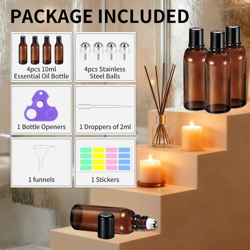 10ML Roller Bottles for Essential Oil, 4 Pack Empty Amber Glass Roller Bottle for Perfume Oil, Roll on Bottles with Stainless Steel Roller Balls, Opener, Funnel and Dropper for Aromatherapy, Massage