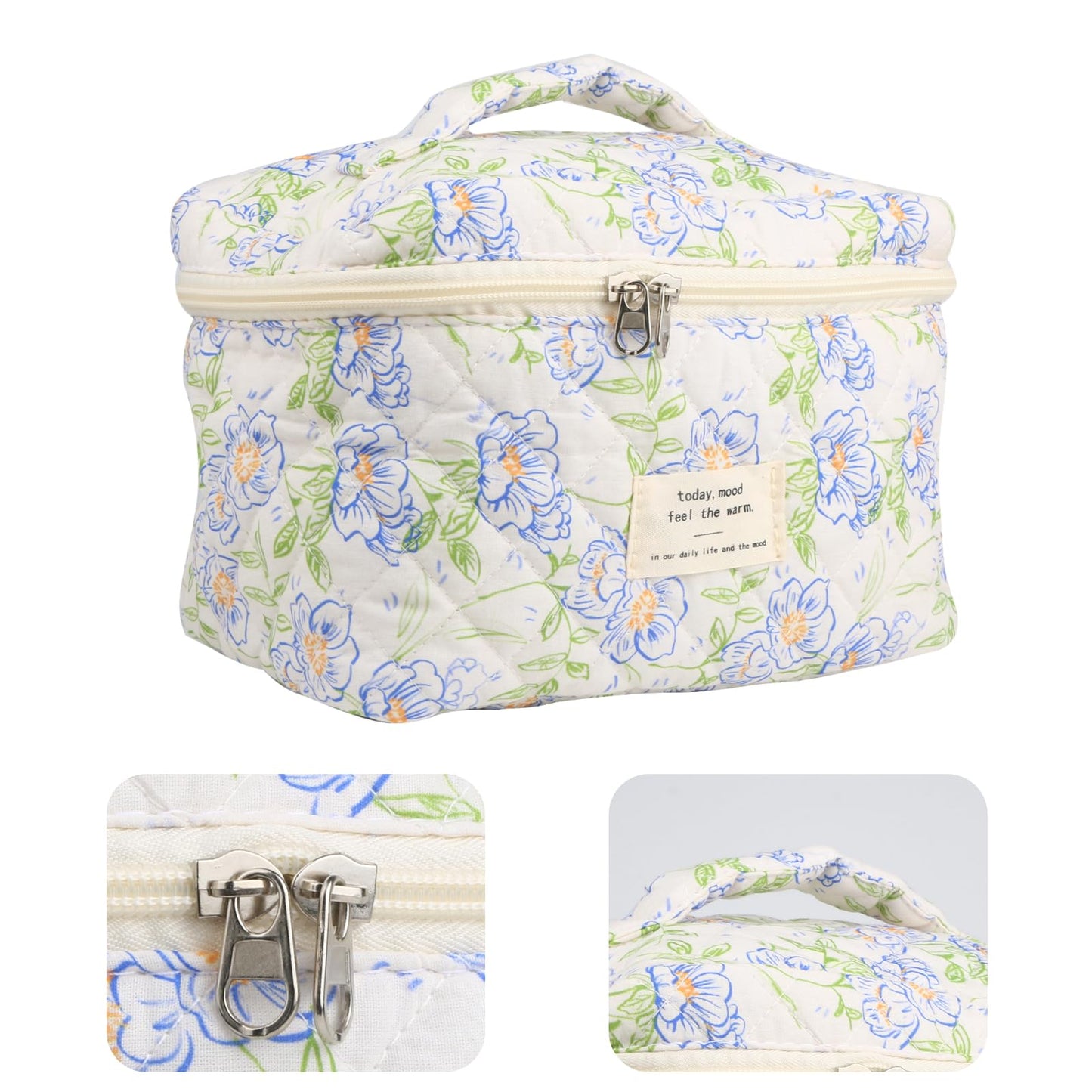 VIWIME Makeup Cosmetic Bag, Large Cotton Quilted Travel Coquette Aesthetic Cute Floral Make up Bag for Women Toiletry Bag Organizer(Green Leaf/2Pcs)