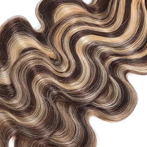 Dokksiiia P4613 Ombre Highlight Body Wave Human Hair Bundles Chocolate Brown and Blonde Mix P4/613 Ombre Brown Weave Bundles Brazilian Human Hair Extensions Silky and Soft 10 12 14 Inch