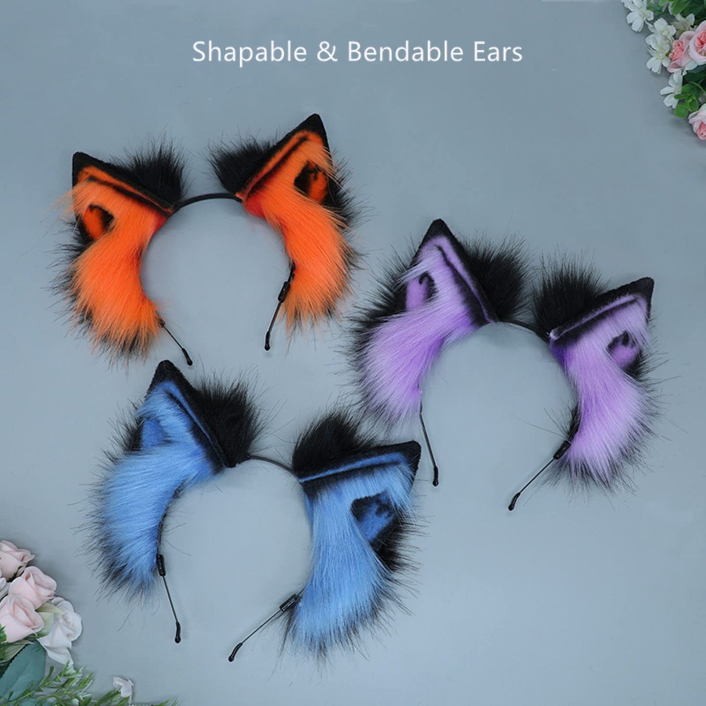 Cosplay Fluffy Orange Animal Fox Wolf Cat Dog Ears Headband Hairband Hair Hoop Halloween Costume Party Headpiece Headwear Hair Accessories G Black