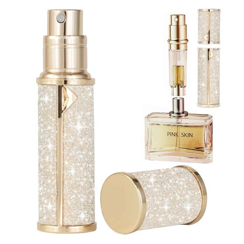 SAWOHO Travel Perfume Bottle Refillable,Perfume Travel Refillable Mini Spray Bottles Leather Cologne Dispenser, Portable Empty Spray Bottle Cologne Dispense Filling Atomizer 5ml (Golden)