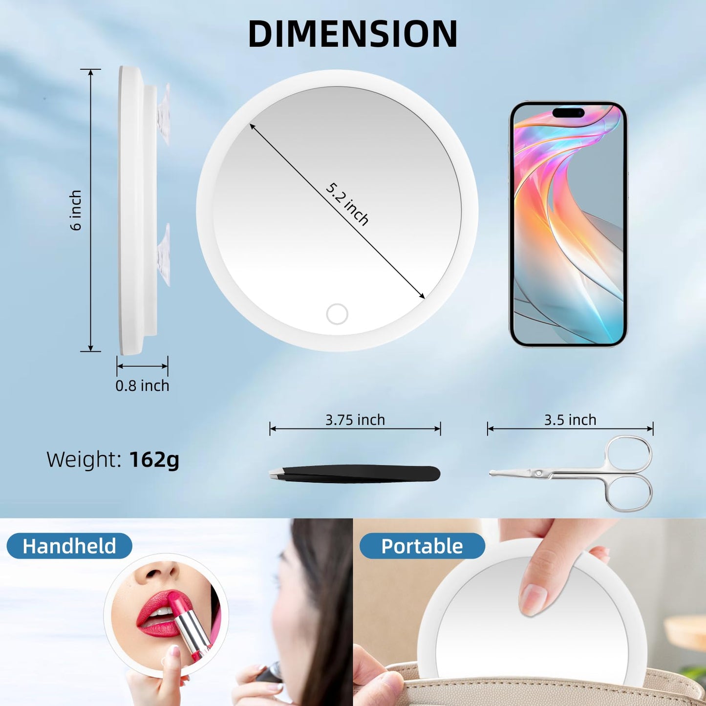 5X Magnifying Mirror with Lights, 6inch Makeup Magnifying Mirror with 3 Suction Cups, 5X Lighted Travel Magnification Mirror Large 5x Magnified Mirror with Lights, Portable 5X Travel Magnifying Mirror