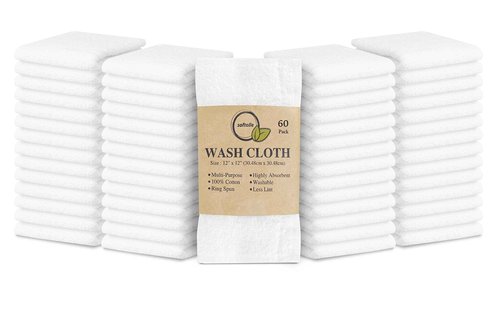 Softolle 100% Cotton Washcloths 60 Pack (12x12 Inches) Soft, Highly Absorbent Washcloth, Face Towels, Wash Cloths for Face, Ring Spun, Bulk Pack (White)