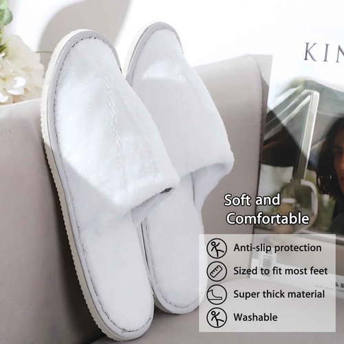 Tarpop 12 Pairs Disposable Slippers for Guests Bulk House Spa Slippers Fluffy Coral Fleece Indoor Hotel Shoes for Women Men Shoeless Home Hotel Bedroom Travel(White)