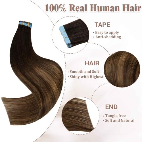 Lveyan Tape in Hair Extensions Human Hair, 14 Inch Dark Brown to Chestnut Brown/Dark Brown Remy Human Hair Skin Weft 20pcs 40g/pack Invisible Tape in Hair Extensions (#T2-P6/2, 14 Inch)
