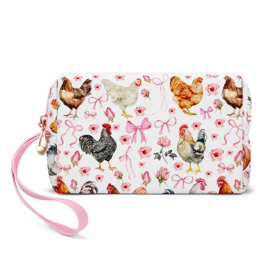 Serapha.Silk Pink Bow Makeup Bag,Cute Cosmetic Travel Bag for Women makeup pouch Cat Chicken Pattern,Preppy Gift for Teen Girls,Portable Handle PU Leather with Zipper Make up Bag