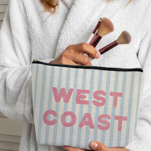 ignytiger Summer Coastal Beach Makeup Bag, West Coast Cosmetic Bags for Women, Gifts for Ocean Lovers, Preppy Cute Blue Striped Beachy Nautical Zipper Makeup Pounch Pouches for Purse
