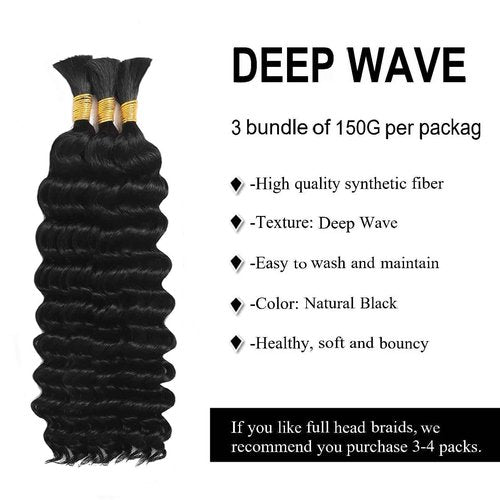 Hailookmey Human Braiding Hair for Boho Braids 150g Deep Wave Human Hair for Braiding 3 Bundles/Pack No Weft Curly Human Hair Extensions for Braids (Natural Black Color,18 Inch)