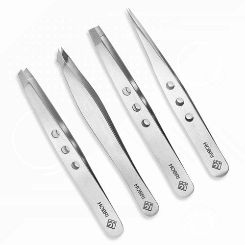 Tweezers Set, Eyebrows Tweezers Set Professional Stainless Steel Tweezers Set - 4 Pieces with Leatherette Travel Case Perfect for Facial Hair, Beauty and Personal Care Tool Set, Hobri International