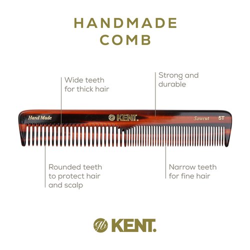 Kent 5T 6.6 Inch Double Tooth Hair Dressing Comb, Wide and Fine Tooth Beard, Mustache and Hair Grooming Comb for Men, Women and Kids - Made in England