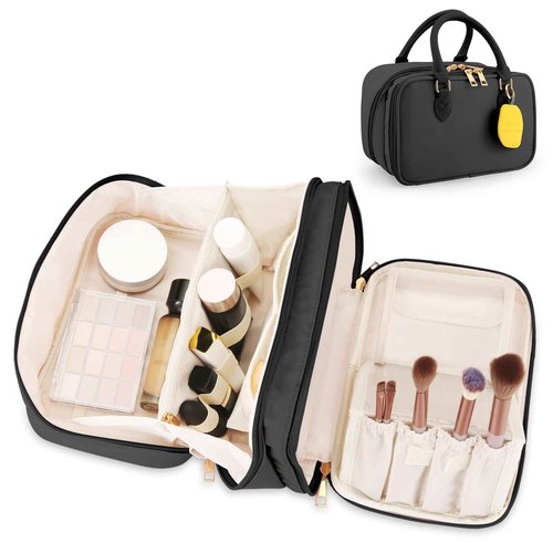 Travel Makeup Bag for Women Fashion Large Capacity Pouch Open Flat Cosmetic Portable Organizer Waterproof Large Opening Storage Toiletry Bags Vertical Free-Standing Brush Holder for Easy Access Black