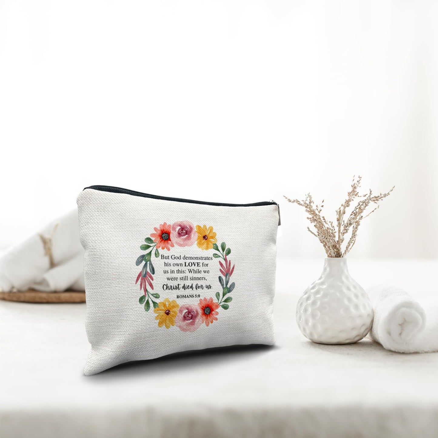 Nogrit Christian Inspirational Makeup Bag Cosmetic Bags for Women, Christian Gifts for Women Faith, Religious Bible Verse Small Makeup Cosmetic Bag for Purse, Floral Makeup Bag, Romans 5:8