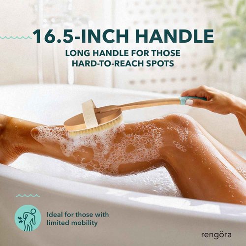 Long Handled Back Scrubber for Shower 18"" Handle Boar Bristle Back Brush – Wooden Bath Brush, Back Scrubbing Brush, Shower Brush, Body Scrub Brush, Bath Brush Long Handle for Shower by rengöra