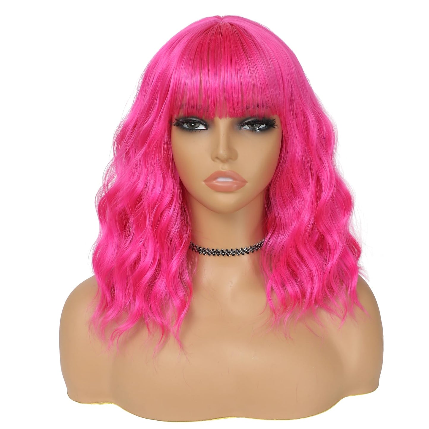 BEAUTIFA Pink Wig with Bangs for Women 14 Inch Shoulder Length Hot Pink Wigs Short Bob Wavy Curly Wig Heat Resistant Synthetic Colorful Wig