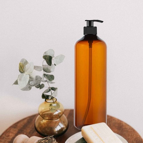 zmybcpack 4 Pack 32 OZ Empty Plastic Pump Bottles With 1 Pen, Labels & Silicone Funnel, Amber Empty Shampoo Bottles with Pumps For Body Wash, Shampoo, Massage Lotion, Gel