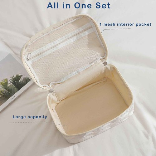 RSRSLEII 3Pcs Quilted Cotton Coquette Makeup bag, Coastal Granddaughter Aesthetic Cosmetic Bag, Cute Seashell Portable Travel Toiletry Pouch (08 3Pcs White)