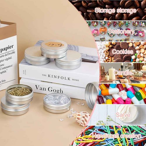 YQ 60 Pack 2oz Tins with Lids, Refillable Salve Tins, Thick 2 oz Tin with Labels, Screw Lid 2oz Tin, Aluminum Round Salve Containers, for Lotions, Balms, Salve, Candle(Silver)