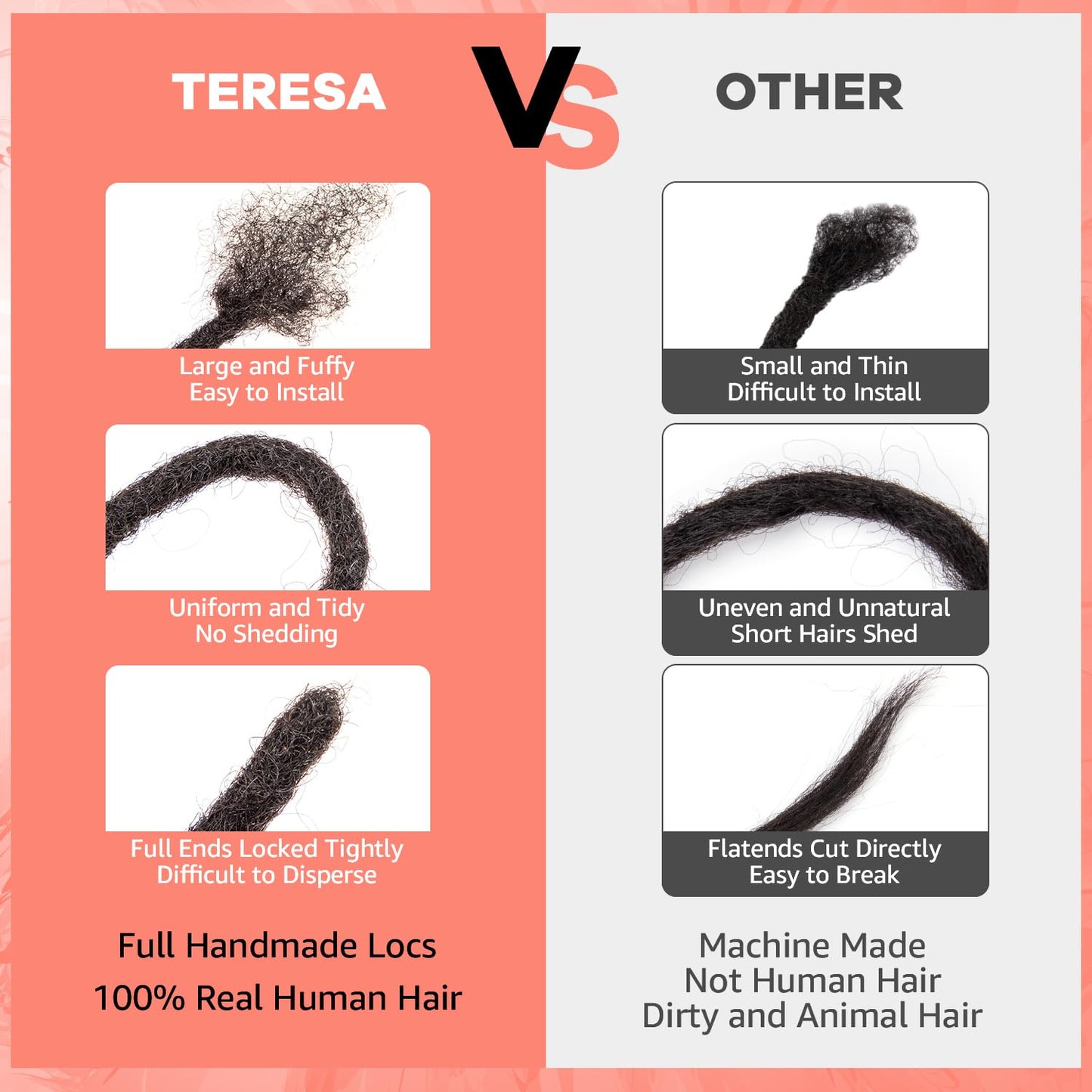 Teresa 12 Inch 0.2cm Width Loc Extension Human Hair Natural Black 60 Strands Full Hand-made Permanent Locs Extensions Can Be Dyed and Bleached for Men/Women/Kids Real Dreadlock Extensions Human Hair