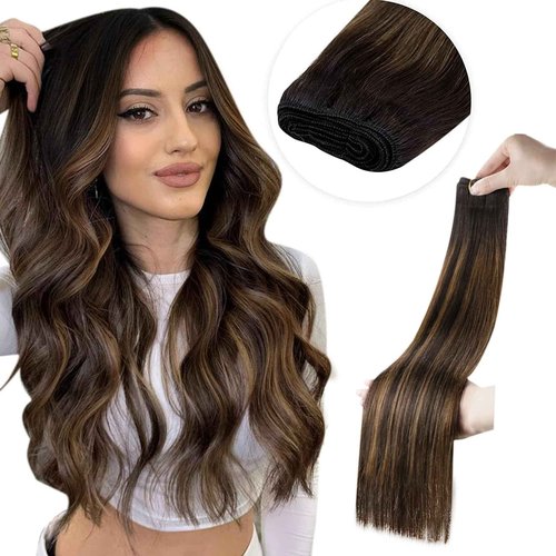LaaVoo Weft Hair Extensions Human Hair Brown Weft Extensions Real Human Hair Silky Straight Sew in Hiar Extensions Dark Brown Mix Light Brown Balayage Short 12 Inch 80g