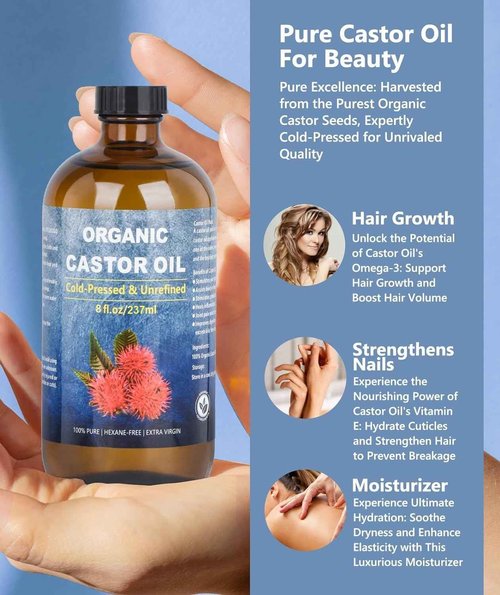 VRJEUGO Organic Castor Oil for Face Roll On，Rollerball Deep Hydration for Skin Care and Hair, Castor Oil Organic Cold Pressed Unrefined Glass Bottle 8oz with 2 Roller