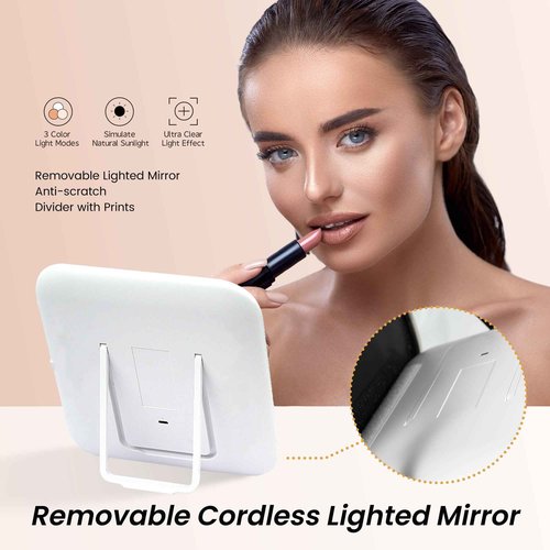 LILIBEBE Travel Makeup Bag with Led Mirror Detachable 3 Color Scenarios Adjustable Brightness Large Cosmetic Organizer Storage Adjustable Dividers Waterproof Makeup Brushes Toiletry Gift Black