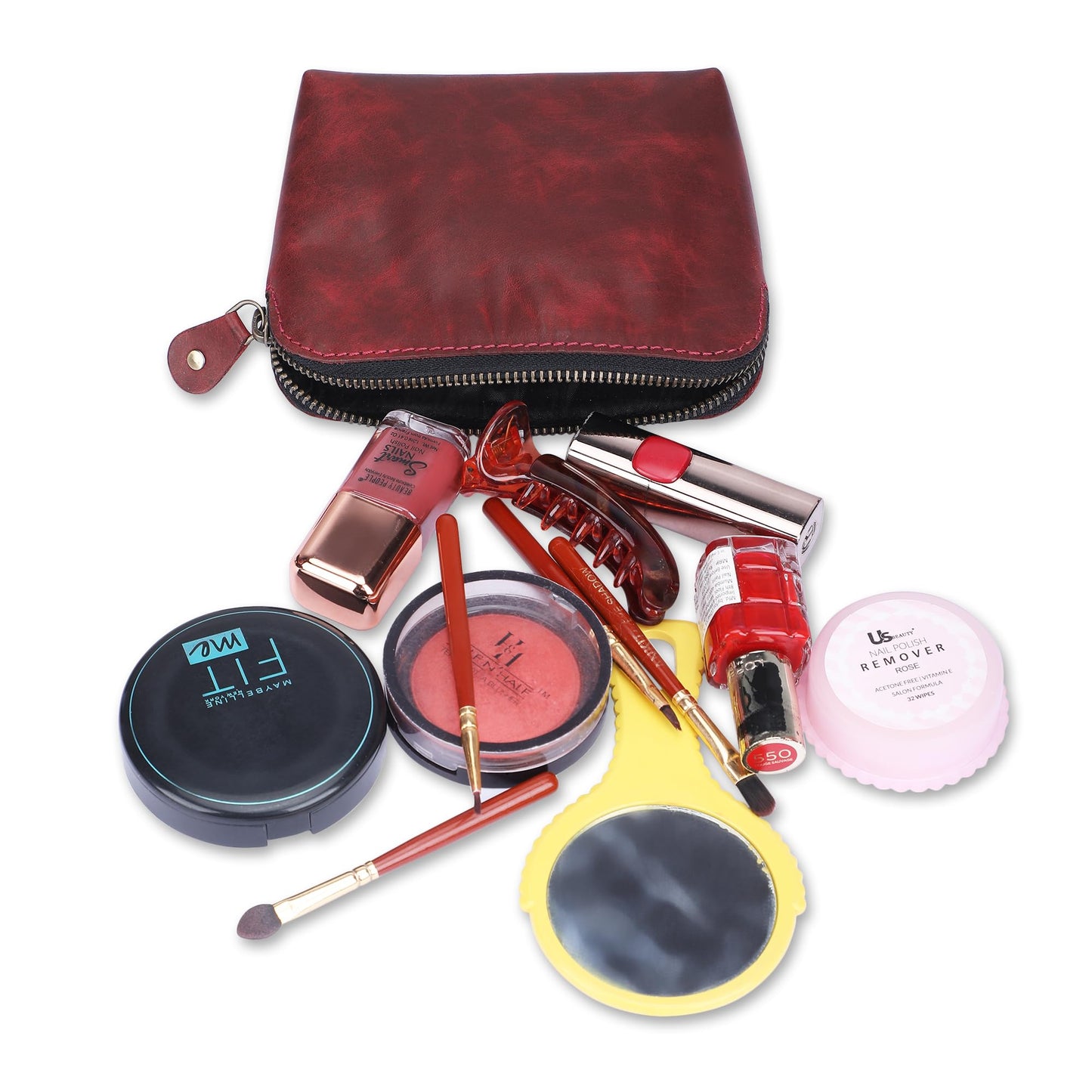 The Antiq Cosmetic Case, Leather Cosmetic Bag, Zipper Coin Pouch, Make-up Bag with Zipper Clousure (Red)