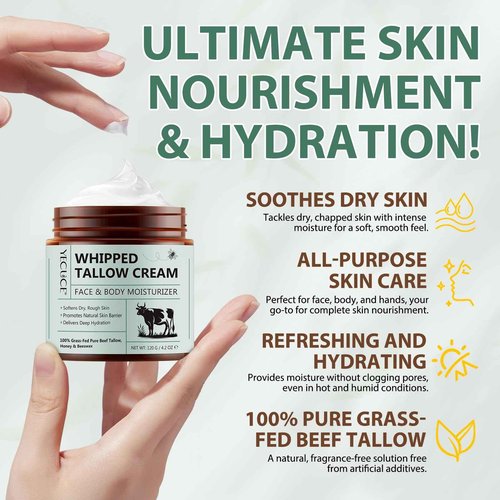 Cacukn Whipped Beef Tallow for Skin, Organic Face Moisturizer with Grass Fed Beef Tallow & Raw Honey, Deeply Moisturizes Face & Body, Reduces Skin Irritation and Sensitivity, 2 Pcs