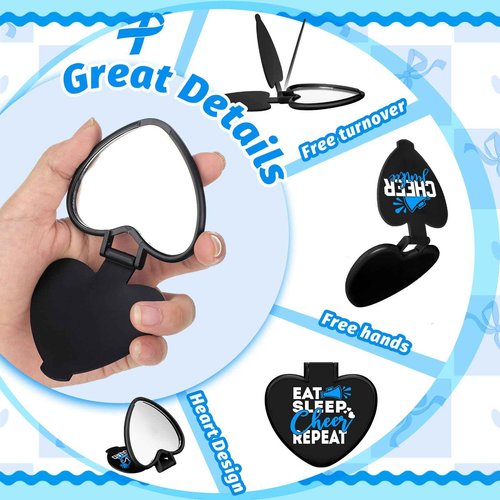 Threehoney 48 Pcs Cheerleader Mirror Gifts Bulk Cheerleading Compact Mirror Bulk Mini Heart Shaped Folding Pocket Makeup Purse Cheer Inspirational Cheer Gifts Party Favors for Team (Blue)