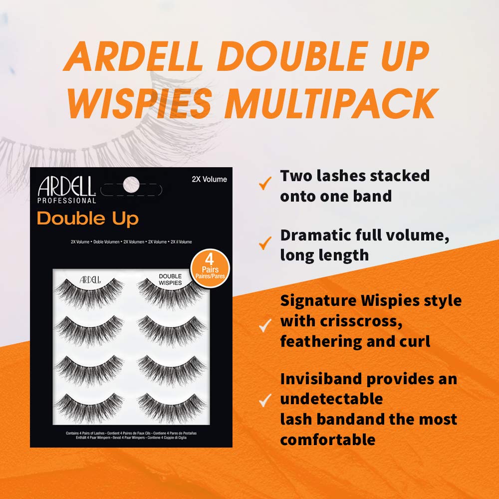 Ardell Double Up Wispies False Eyelashes, Dramatic Full Volume Wispy Lashes, Reusable and Easy to Apply, Black, 4 Pairs