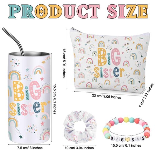 Sieral 4 Pcs Big Sister Gifts for Girls Cute Big Sister Makeup Bag 14oz Stainless Steel Tumbler Scrunchies Bracelet for Little Girls of Age 2-8 New Baby Birthday Baby Shower (Rainbow, Multicolor)