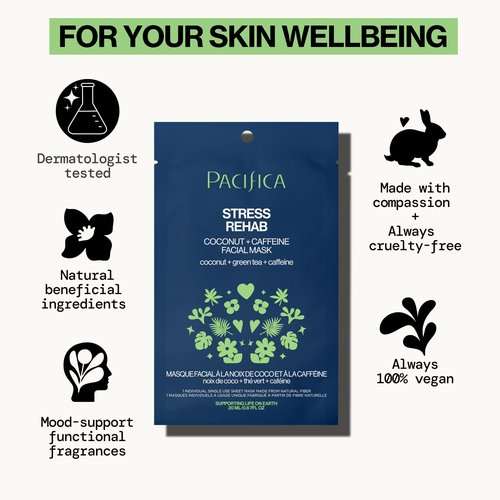 Pacifica Beauty Skin Rehab Coconut and Caffeine Facial Mask, Skincare, Green Tea, Puffiness, Face Mask, Sheet Mask, Face Care, All Skin Types, Vegan (6 Sheets)