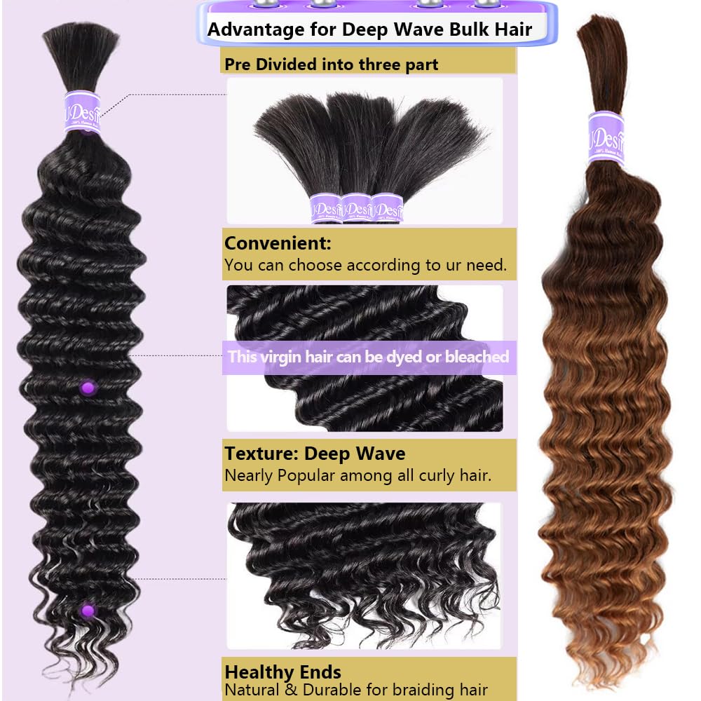 UDesire Hair Deep Wave Bulk Human Hair For Braiding No Weft (1 Pack-2 Bundles-100g) 100% Unprocessed Brazilian Virgin Human Hair Extensions Micro Braiding Human Hair Natural Black Color 14Inch