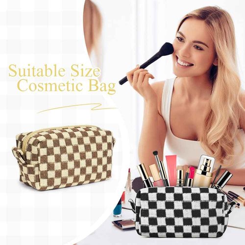 Aucuu 2 Pcs Checkered Makeup Bags, Portable Travel Toiletry Bag with Zipper, Makeup Bag Storage Cosmetic Bag for Women (Black&Light Brown)